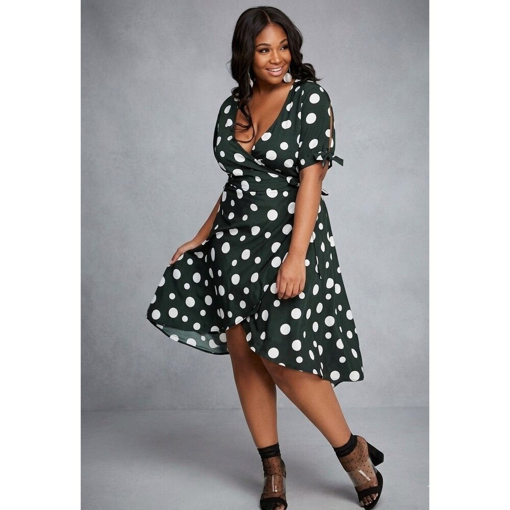 Ashley Stewart HiLo Wrap Dress Women's Plus 36 Polka Dot VNeck Cold-Shoulder NWT
